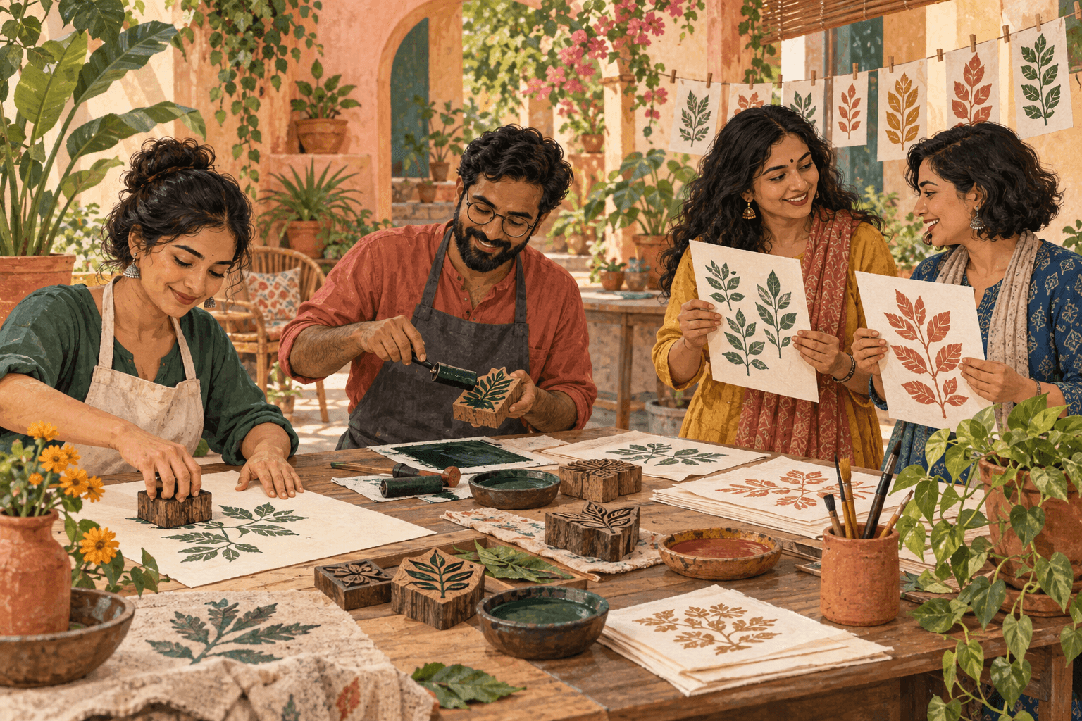 An illustrated creative workshop bringing a small group of people together