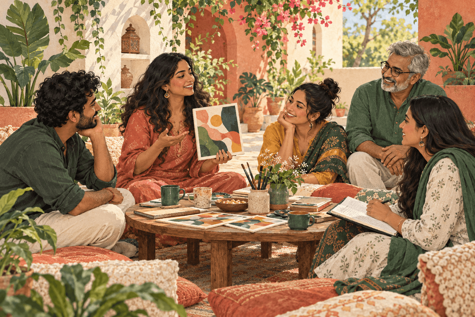 An illustrated gathering of adult creators sharing ideas and connecting