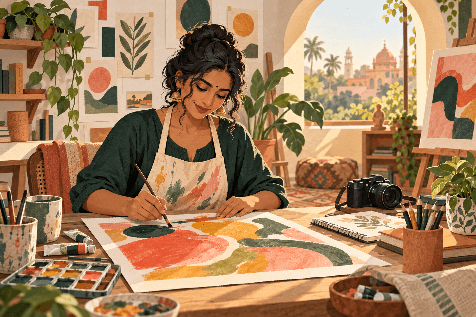 An illustrated creator shaping ideas in a warm, colorful creative studio
