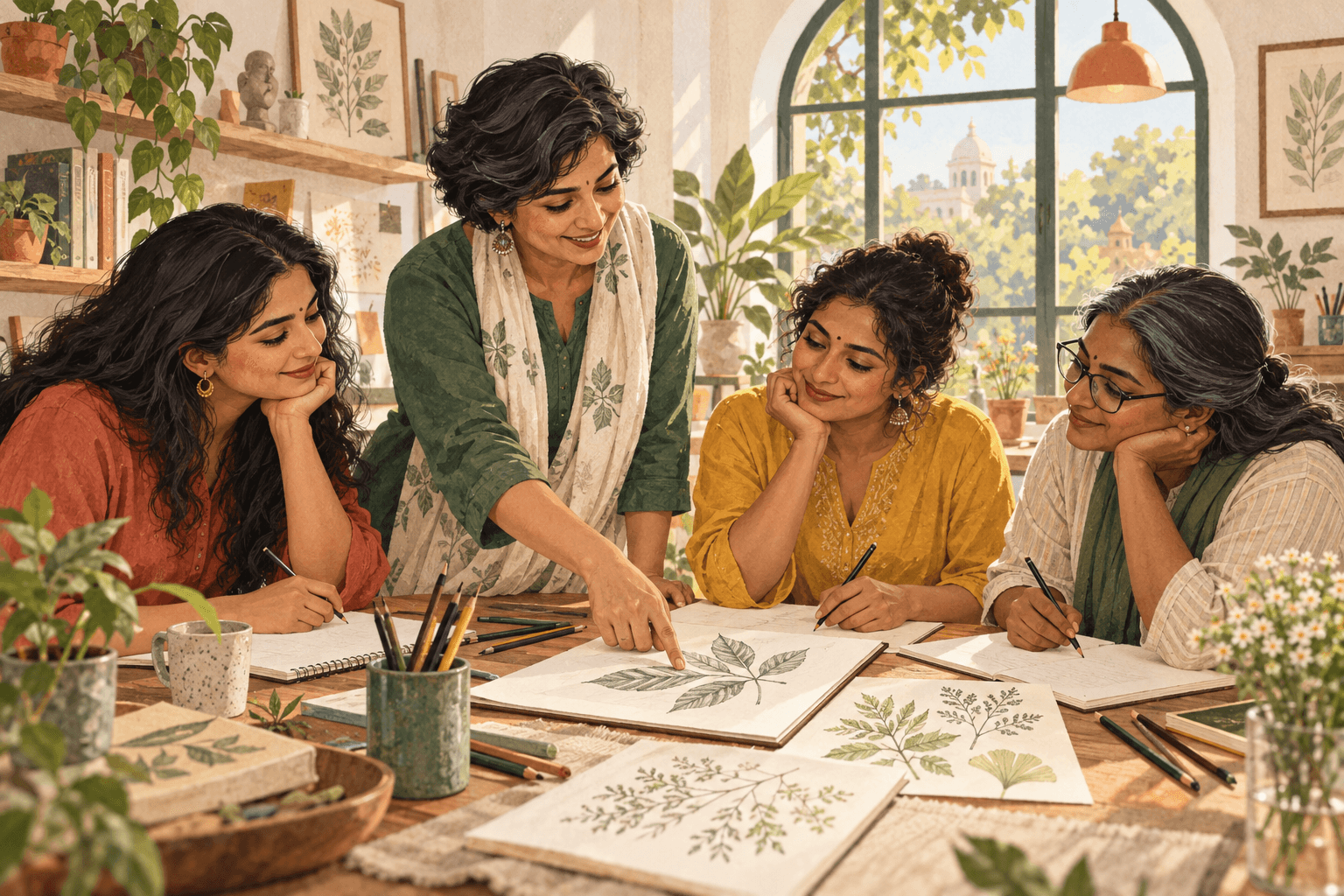 An illustrated mentor and adult learners exploring ideas together